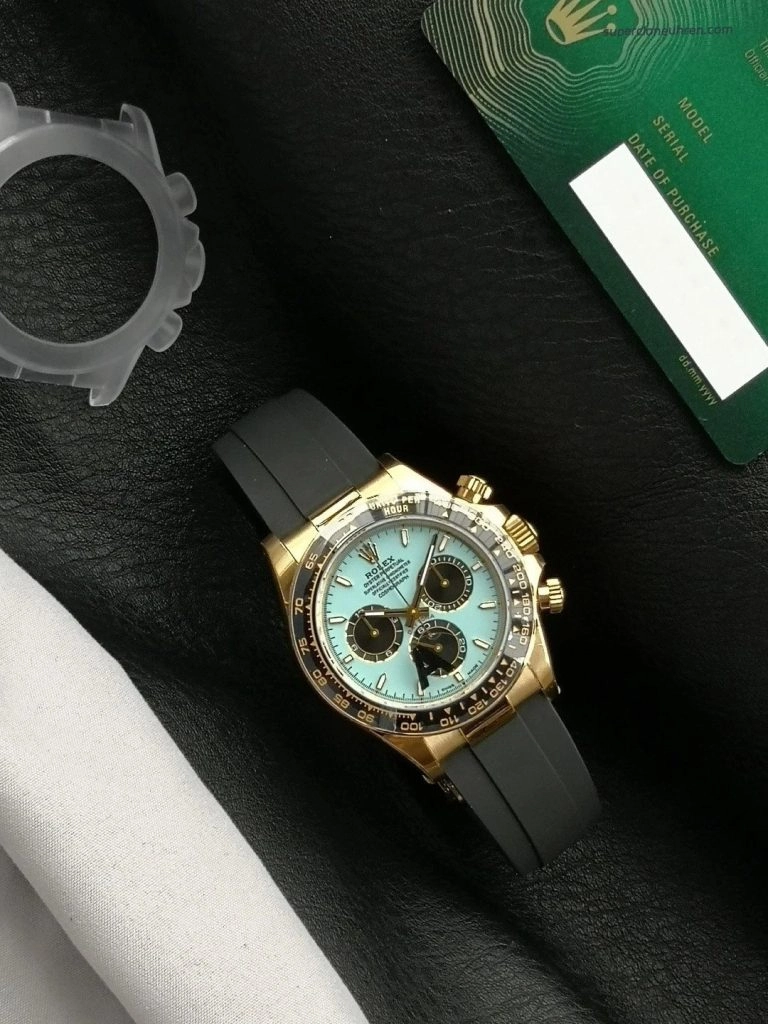Premium Replica Uhr Rolex Daytona M126518LN-0014 mit türkisblauem Zifferblatt und Oysterflex-Band 40mm