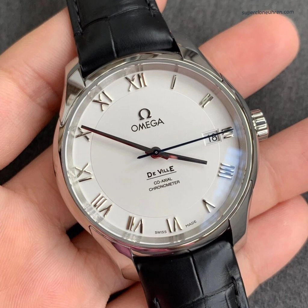 Premium Replica Uhr Omega De Ville 431.13.41.21.02.001 silbernes Zifferblatt mit Alligatorlederband 41mm