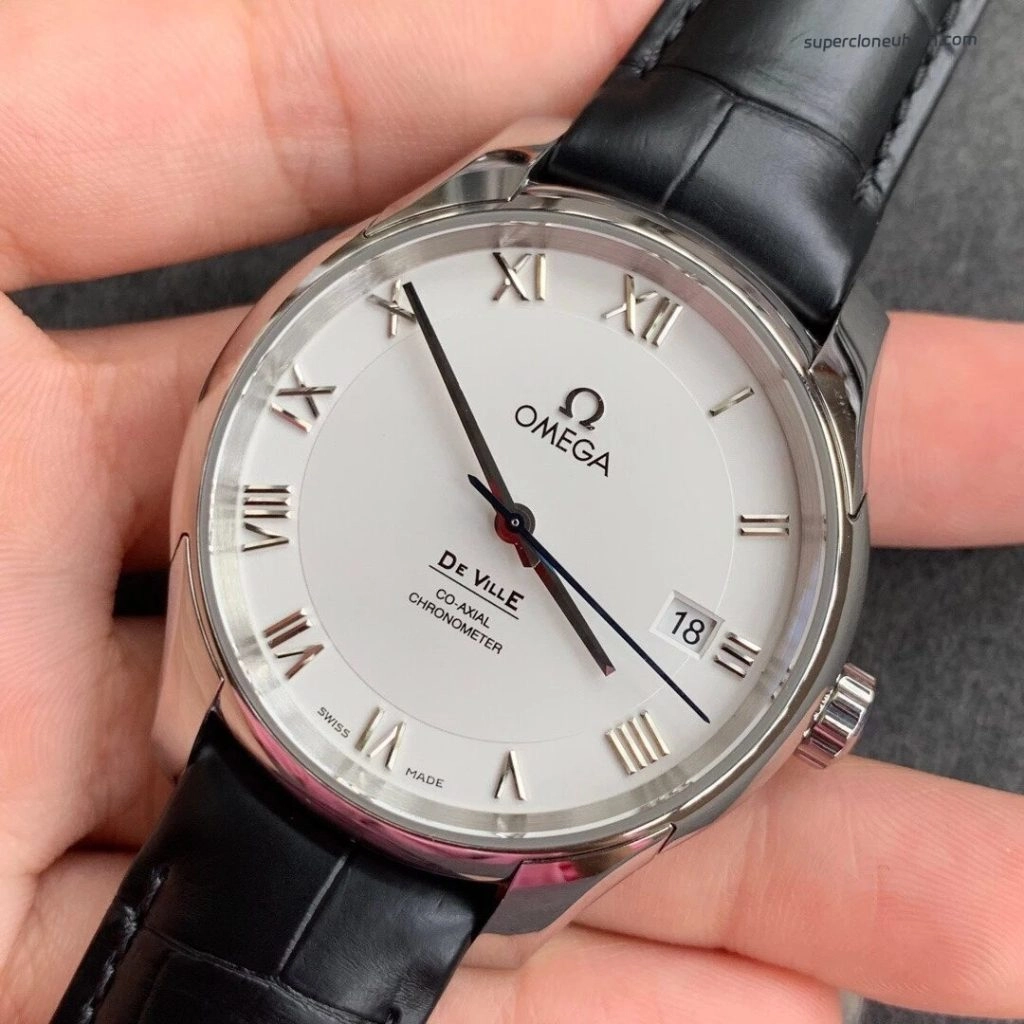 Premium Replica Uhr Omega De Ville 431.13.41.21.02.001 silbernes Zifferblatt mit Alligatorlederband 41mm