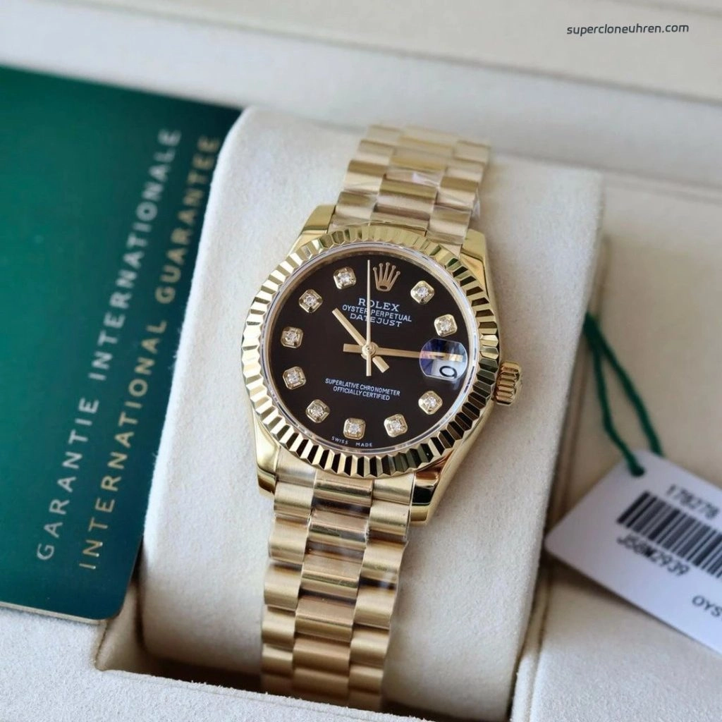 Premium Replica Uhr Rolex Lady-Datejust 178278 Schwarz-Gold mit Diamantindizes 31mm