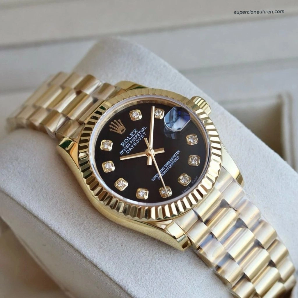 Premium Replica Uhr Rolex Lady-Datejust 178278 Schwarz-Gold mit Diamantindizes 31mm