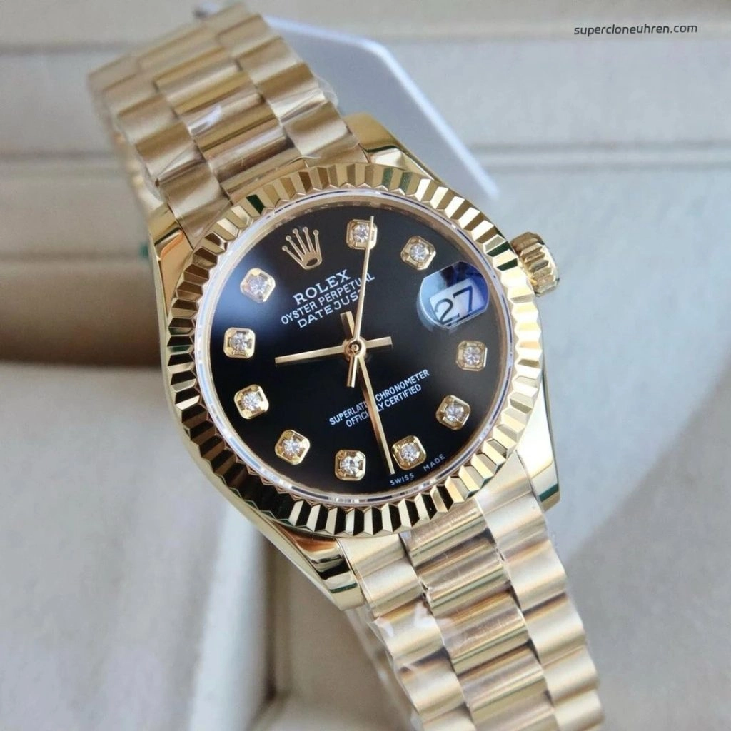 Premium Replica Uhr Rolex Lady-Datejust 178278 Schwarz-Gold mit Diamantindizes 31mm