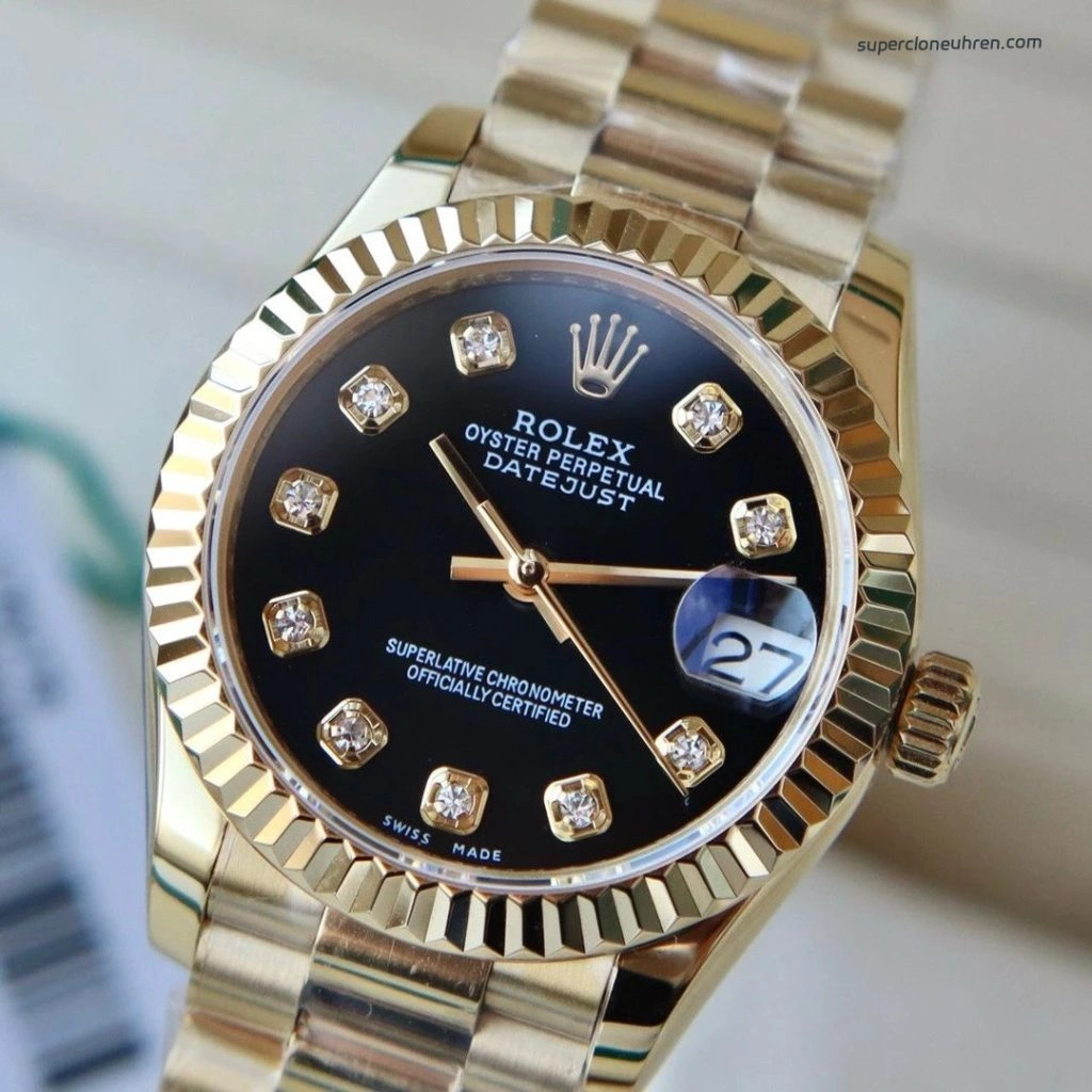 Premium Replica Uhr Rolex Lady-Datejust 178278 Schwarz-Gold mit Diamantindizes 31mm