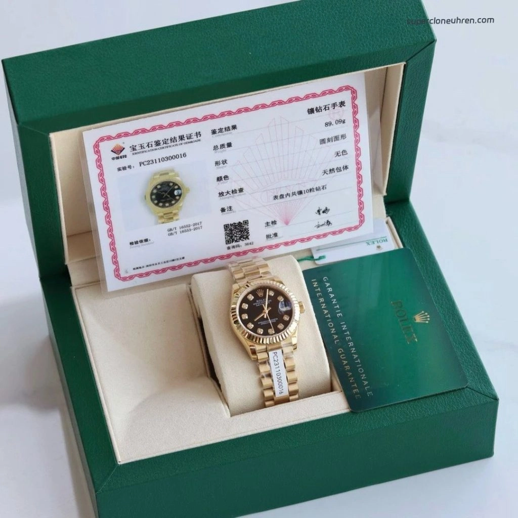 Premium Replica Uhr Rolex Lady-Datejust 178278 Schwarz-Gold mit Diamantindizes 31mm