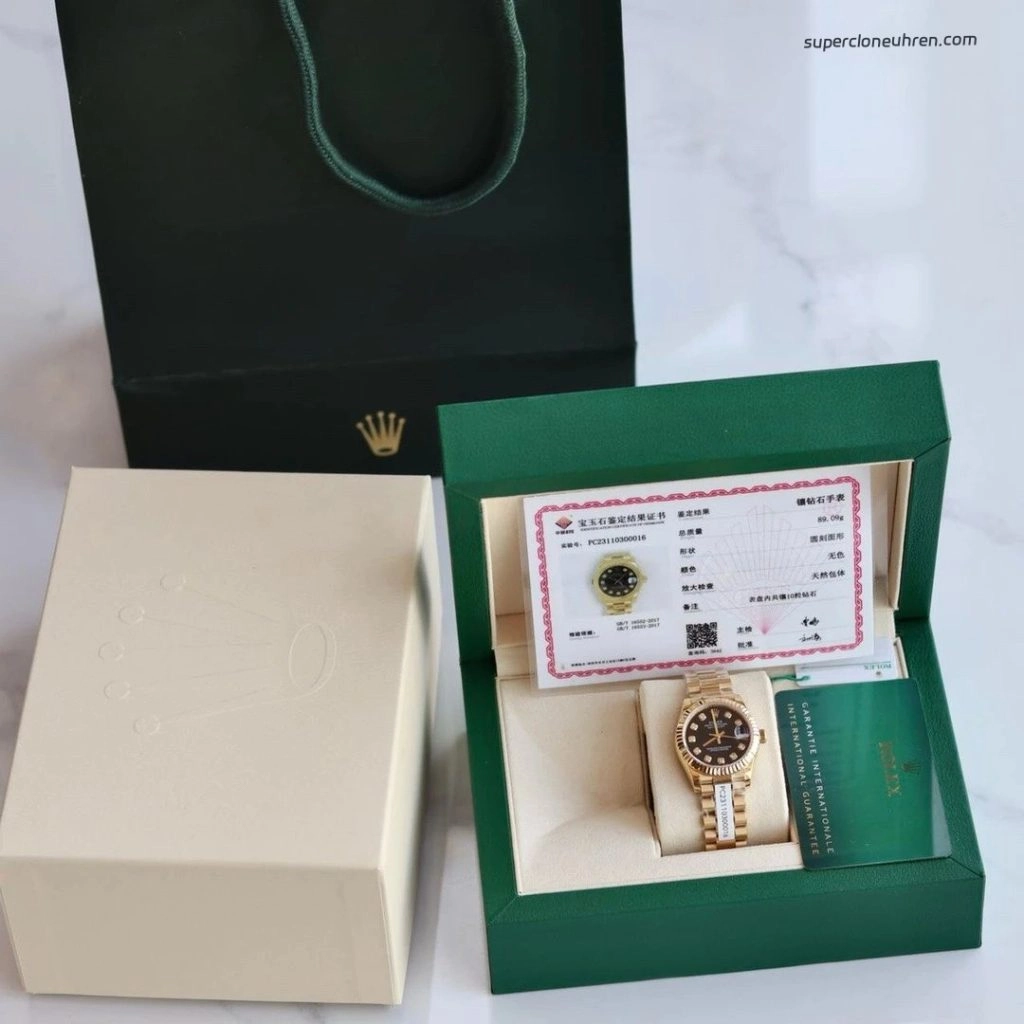 Premium Replica Uhr Rolex Lady-Datejust 178278 Schwarz-Gold mit Diamantindizes 31mm