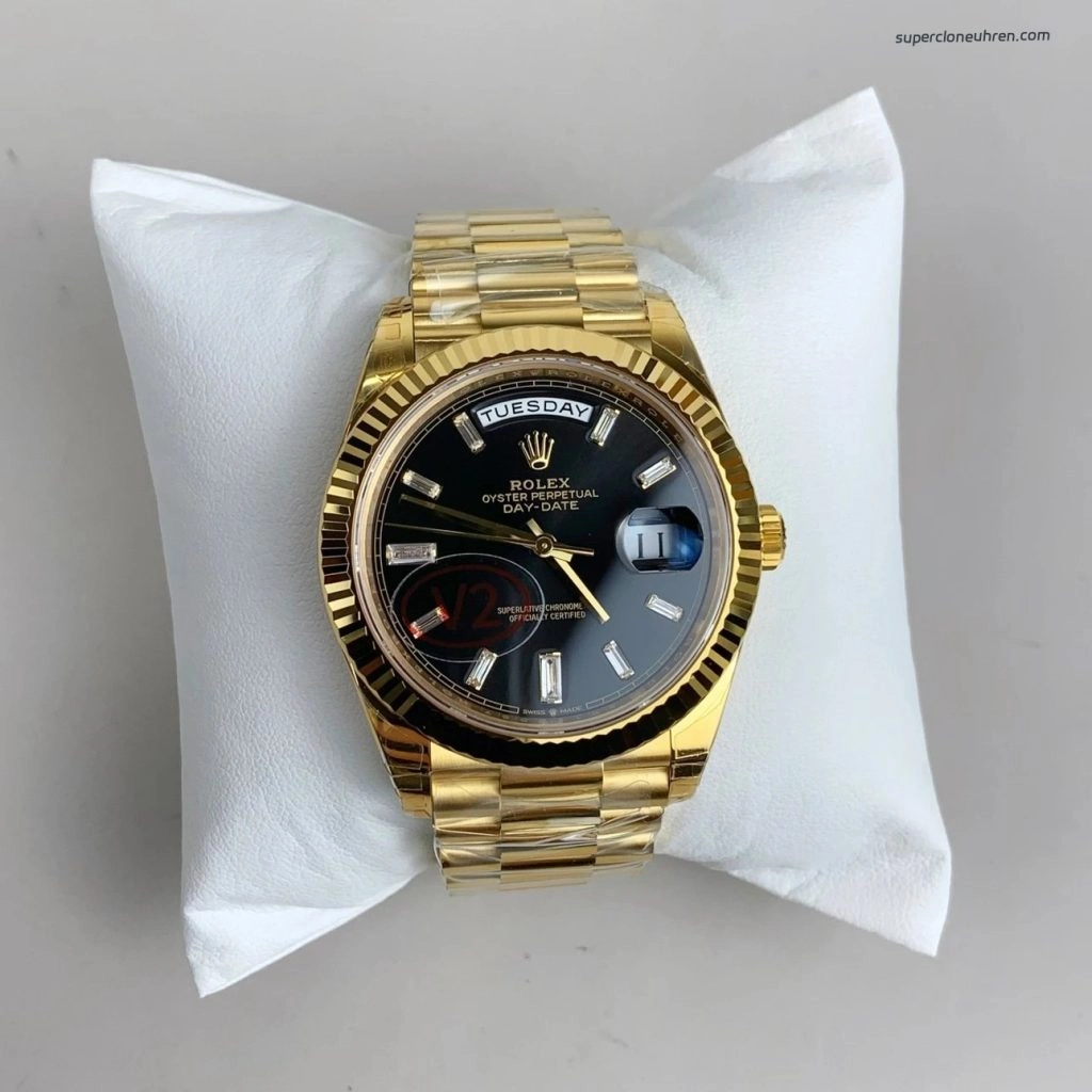 Premium Replica Uhr Rolex Day-Date 228238-0004 Schwarzes Zifferblatt Gelbgold-Optik 40mm