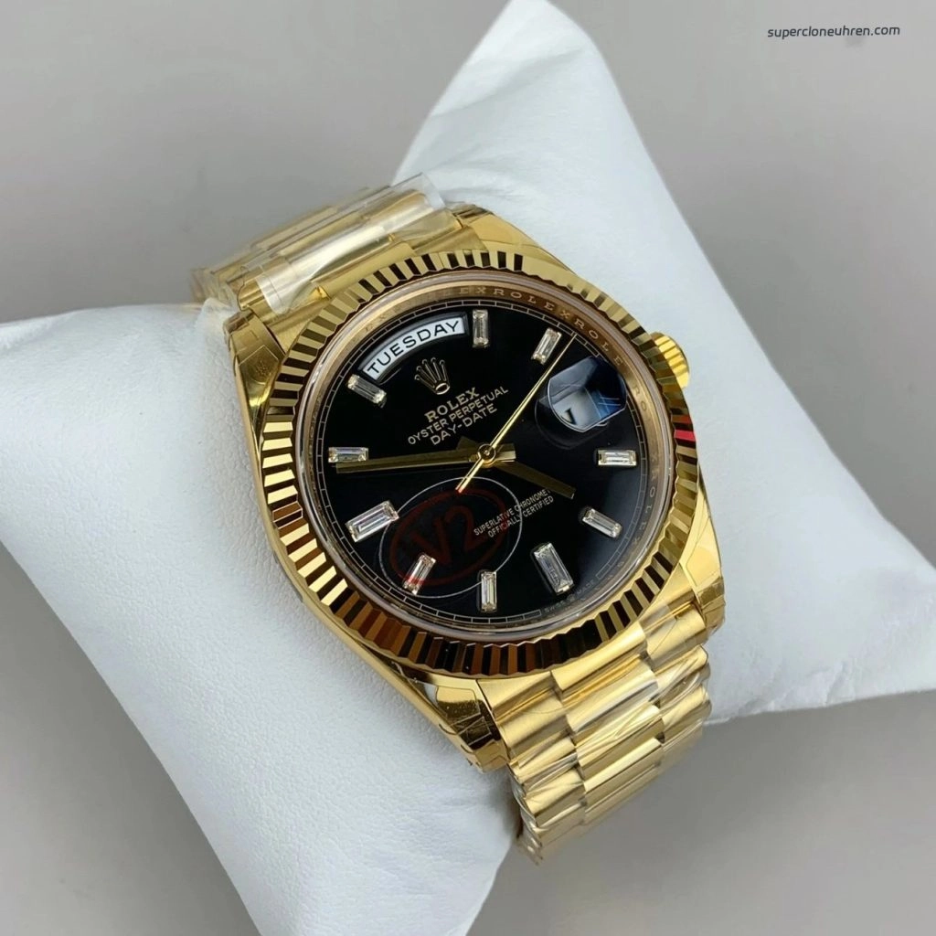 Premium Replica Uhr Rolex Day-Date 228238-0004 Schwarzes Zifferblatt Gelbgold-Optik 40mm