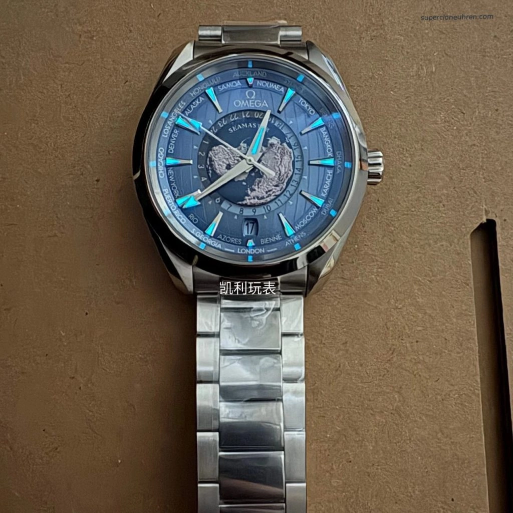 Super Clone Omega Seamaster Aqua Terra Worldtimer 220.10.43.22.03.002 Eisblaues Zifferblatt 43mm