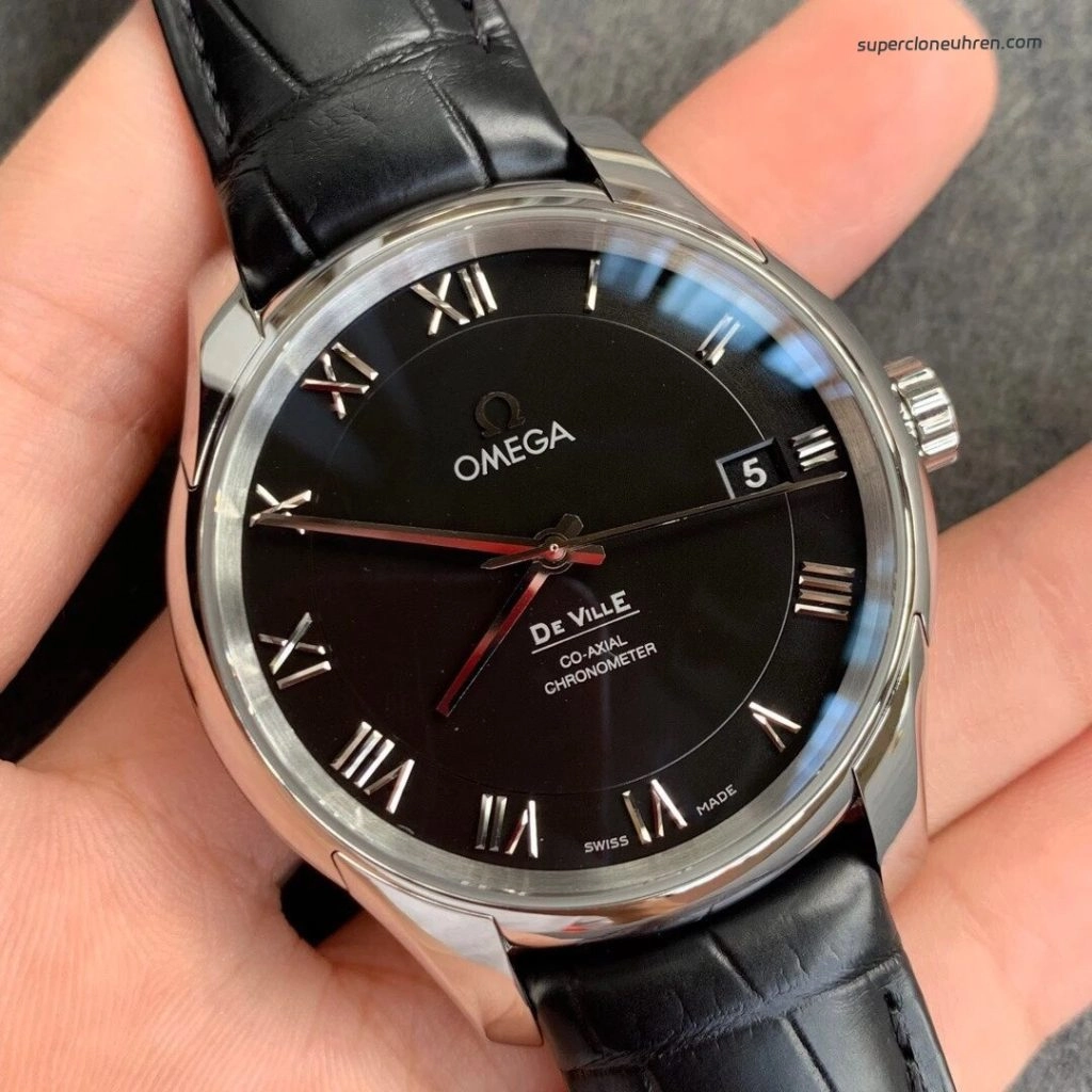Premium Replica Uhr Omega De Ville 431.13.41.21.01.001 schwarzes Zifferblatt mit Lederband 41mm