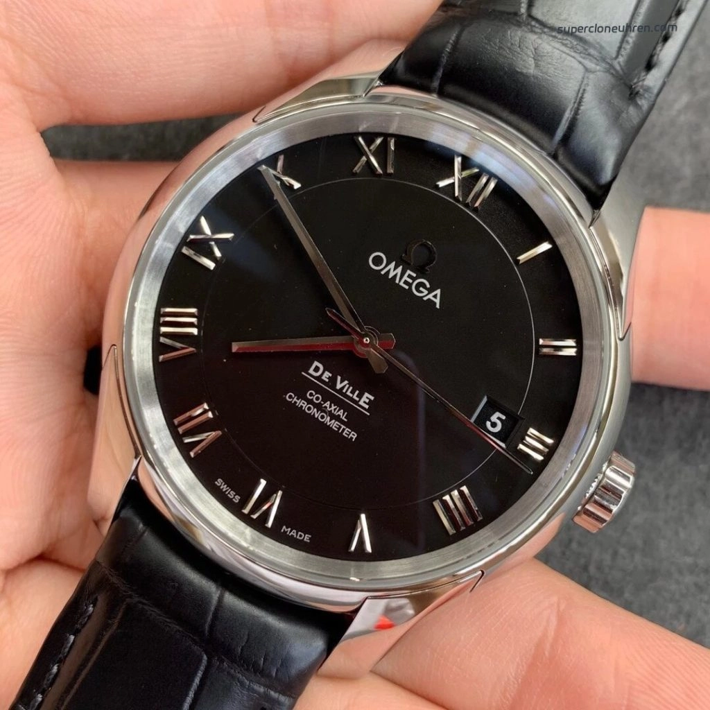 Premium Replica Uhr Omega De Ville 431.13.41.21.01.001 schwarzes Zifferblatt mit Lederband 41mm