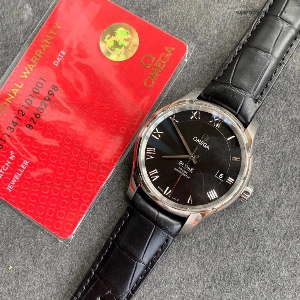 Premium Replica Uhr Omega De Ville 431.13.41.21.01.001 schwarzes Zifferblatt mit Lederband 41mm