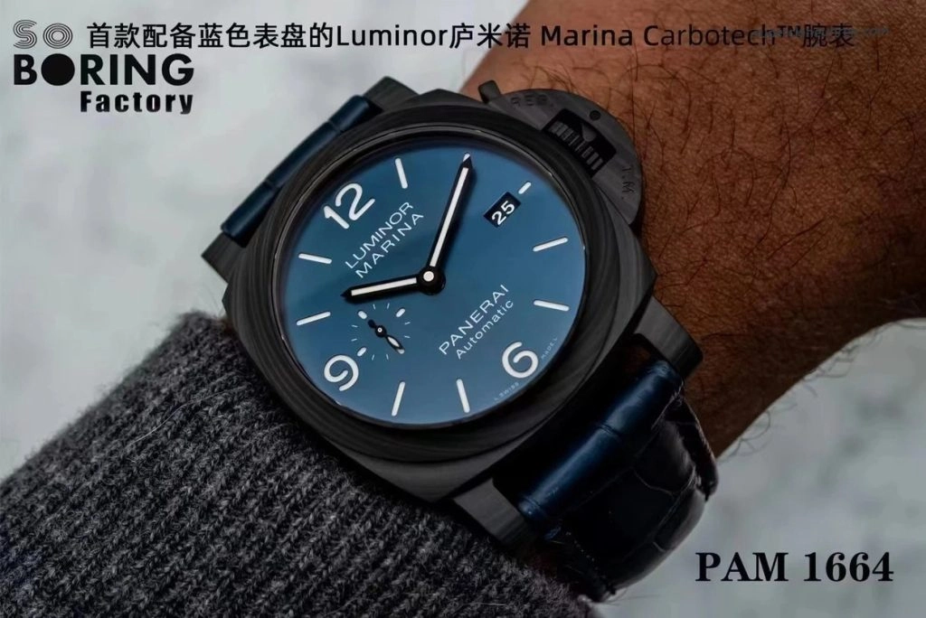 Premium Replica Uhr Panerai Luminor PAM01664 aus Carbon mit tiefblauem Lederband 44mm