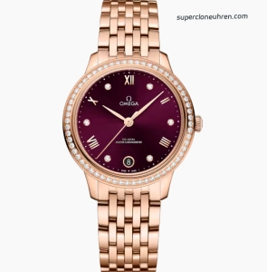 Premium Replica Uhr Omega De Ville Prestige 434.55.34.20.61.001 Burgunderrot Roségold Diamantbesatz 34mm