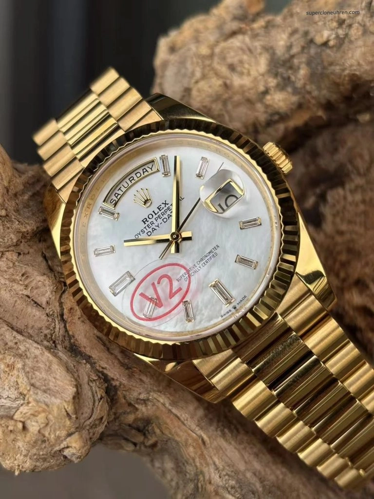 Premium Replica Uhr Rolex Day-Date m228238-0071 mit Perlmuttzifferblatt und Diamantindizes 40mm
