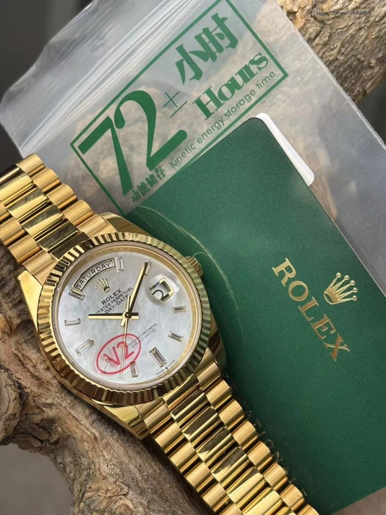 Premium Replica Uhr Rolex Day-Date m228238-0071 mit Perlmuttzifferblatt und Diamantindizes 40mm