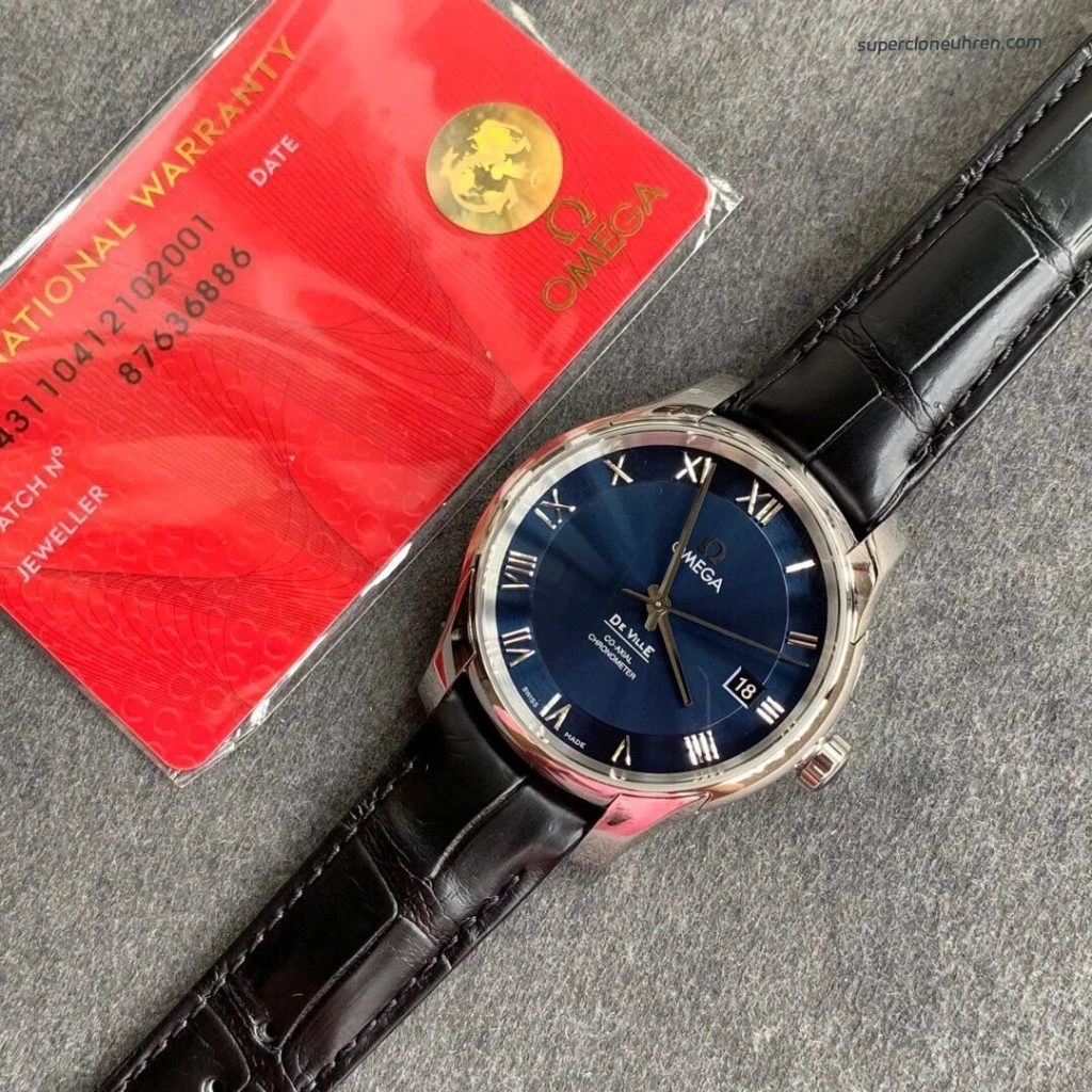 1:1 Super Clone Uhr Omega De Ville 431.13.41.21.03.001 blaues Zifferblatt mit Lederband 41mm