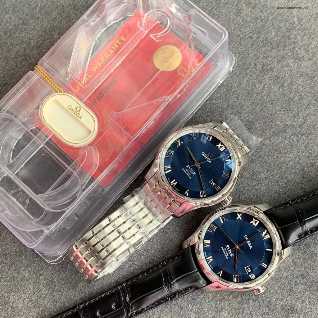 1:1 Super Clone Uhr Omega De Ville 431.13.41.21.03.001 blaues Zifferblatt mit Lederband 41mm