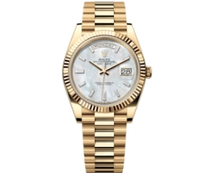 Premium Replica Uhr Rolex Day-Date m228238-0071 mit Perlmuttzifferblatt und Diamantindizes 40mm