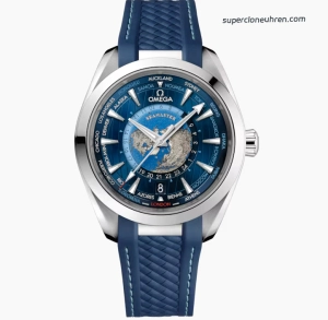 Premium Replica Uhr Omega Seamaster Aqua Terra 220.12.43.22.03.001 Weltzeit mit blauem Kautschukband 43mm