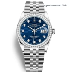 Premium Replica Uhr Rolex Datejust m126284rbr-0049 mit blauem Waben-Zifferblatt und Diamantlünette 36mm