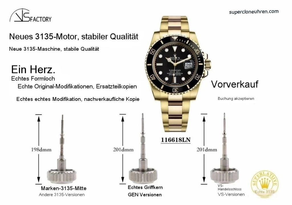 Super Clone Rolex Submariner 116618LN-97208 schwarzes Zifferblatt Gelbgold 40mm