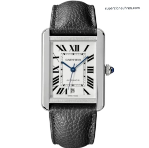 Super Clone Cartier Tank Solo WSTA0029 silbernes Gehäuse mit schwarzem Lederband 27×34 mm