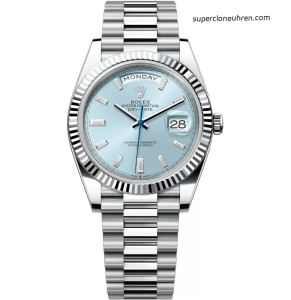 Premium Replica Uhr Rolex Day-Date m228236-0006 eisblaues Zifferblatt mit Diamantindizes 40 mm