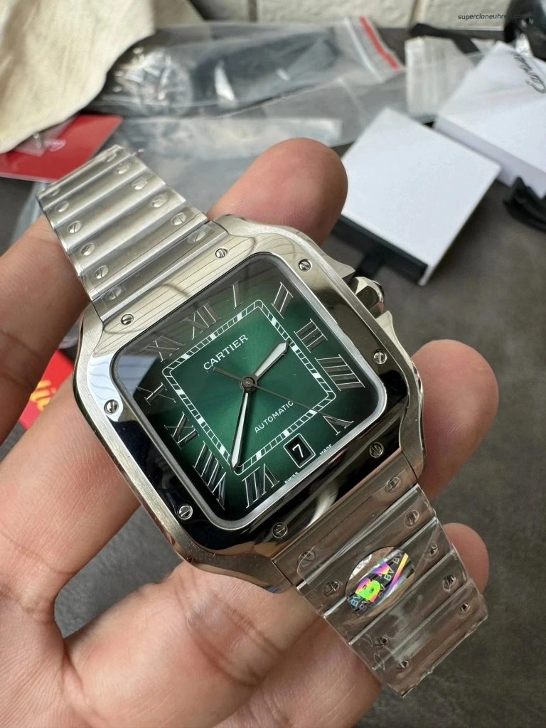 Premium Replica Uhr Cartier Santos WSSA0061 grünes Zifferblatt Edelstahl 39,8 mm