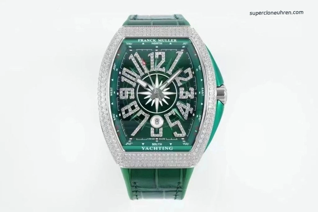 Super Clone Franck Muller Vanguard Yachting V45 gruenes Zifferblatt mit Diamantbesatz 44×54 mm