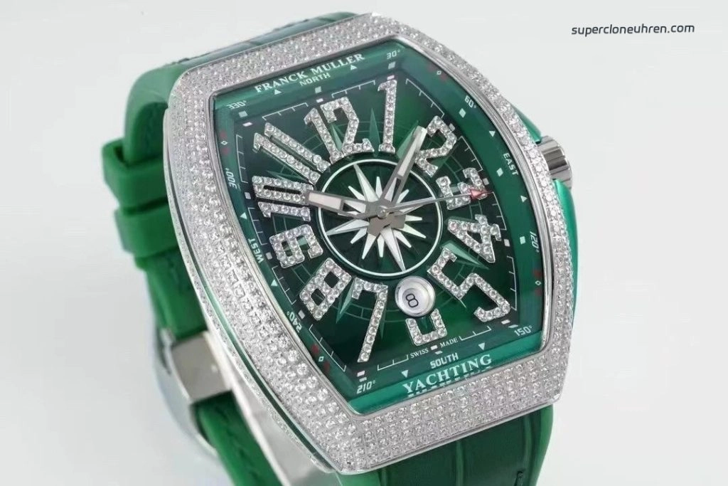 Super Clone Franck Muller Vanguard Yachting V45 gruenes Zifferblatt mit Diamantbesatz 44×54 mm