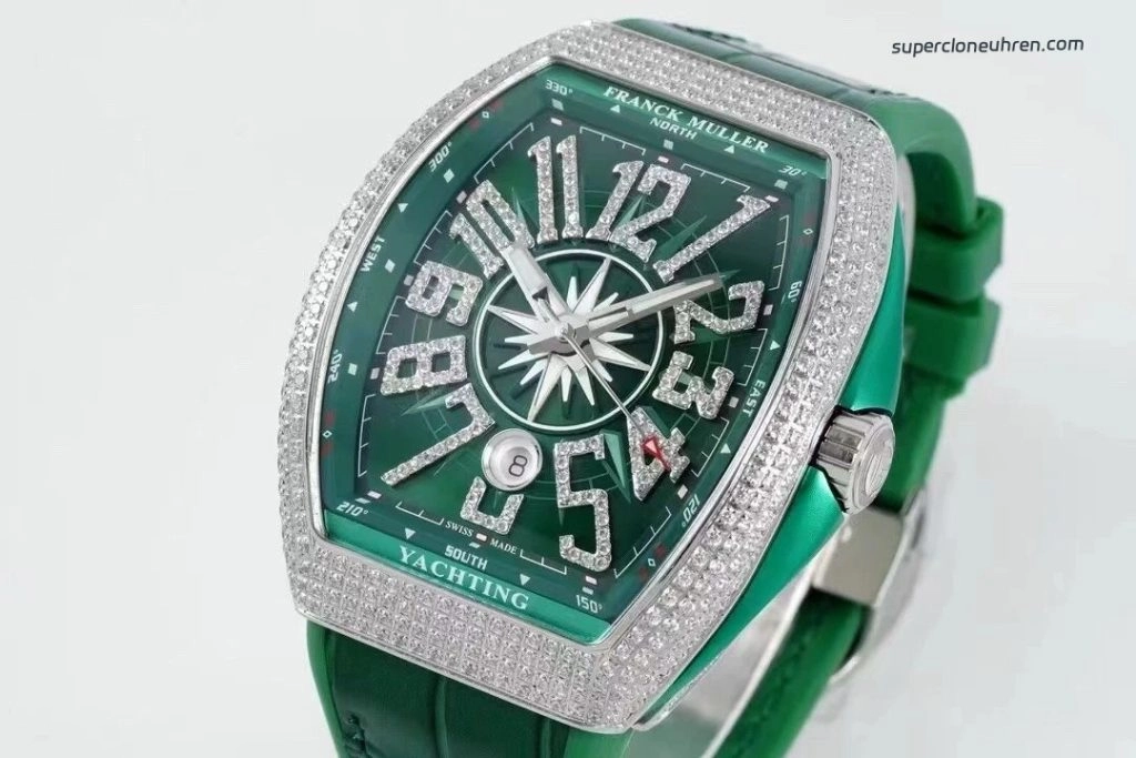 Super Clone Franck Muller Vanguard Yachting V45 gruenes Zifferblatt mit Diamantbesatz 44×54 mm