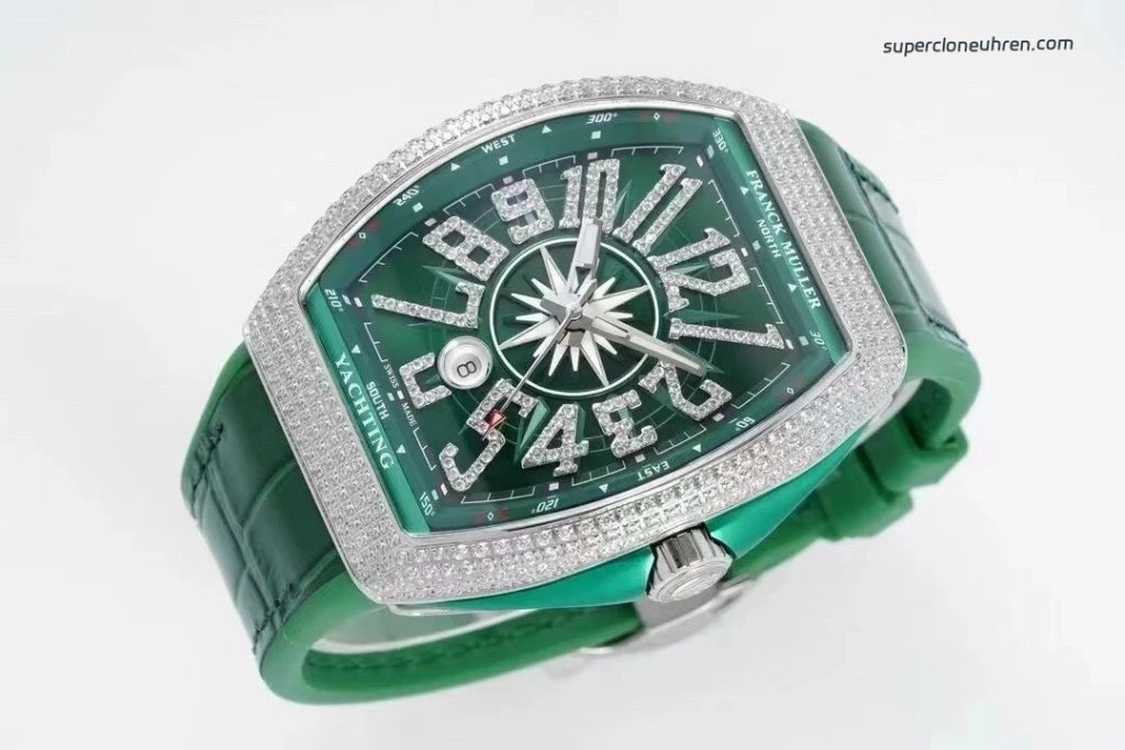 Super Clone Franck Muller Vanguard Yachting V45 gruenes Zifferblatt mit Diamantbesatz 44×54 mm