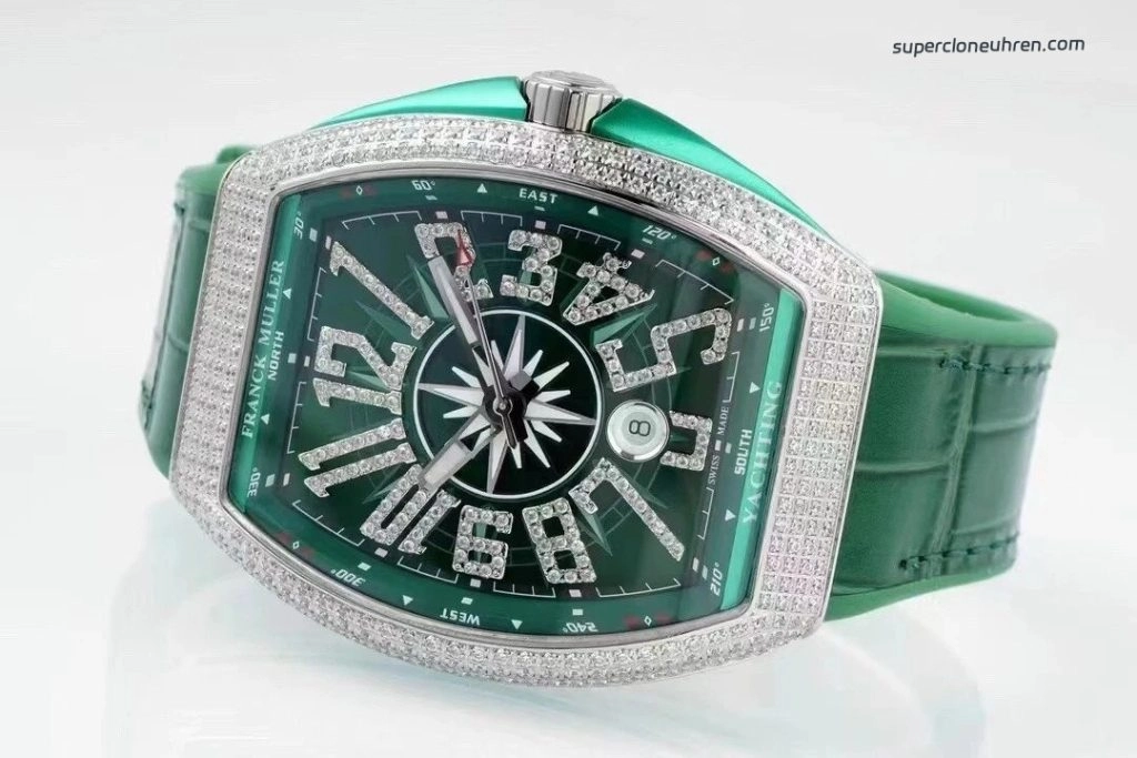 Super Clone Franck Muller Vanguard Yachting V45 gruenes Zifferblatt mit Diamantbesatz 44×54 mm