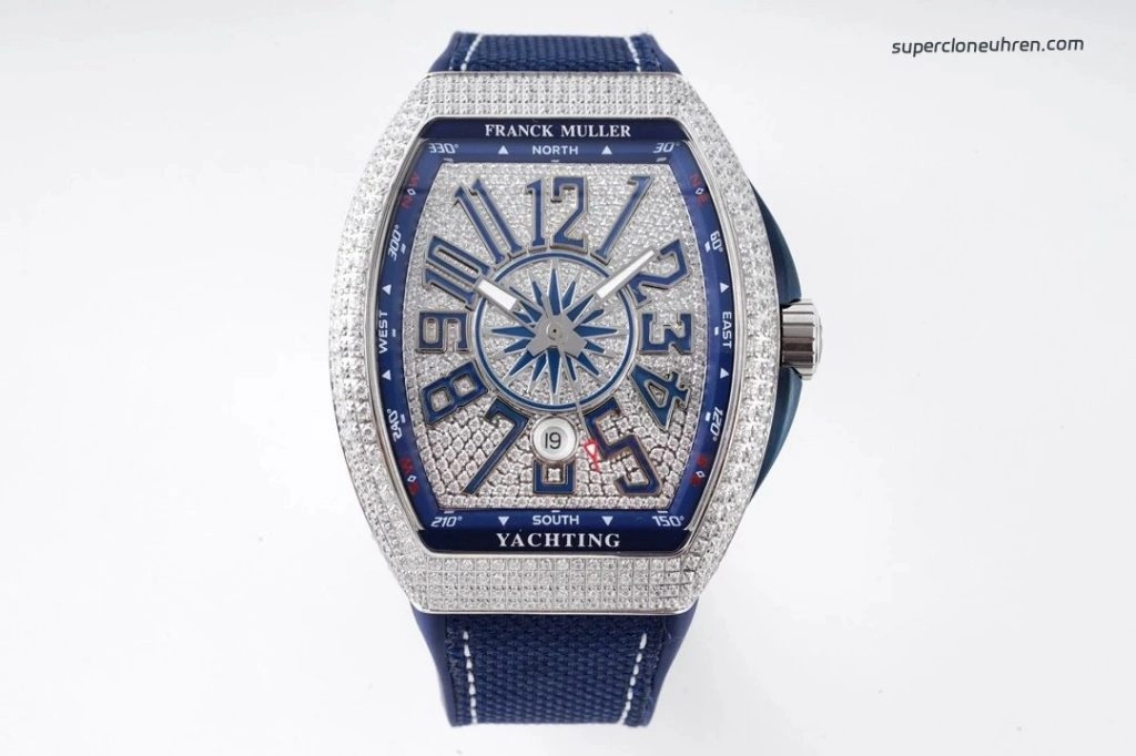 1:1 Super Clone Uhr Franck Muller Vanguard Yachting V45 blaues Zifferblatt mit Diamantbesatz 44mm