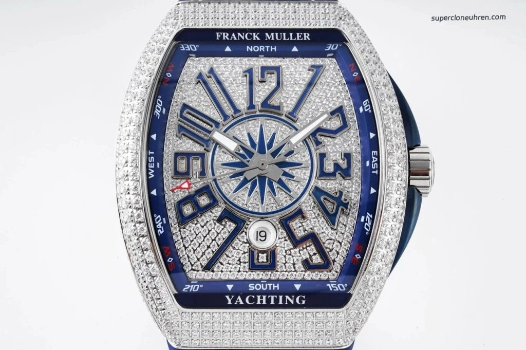 1:1 Super Clone Uhr Franck Muller Vanguard Yachting V45 blaues Zifferblatt mit Diamantbesatz 44mm