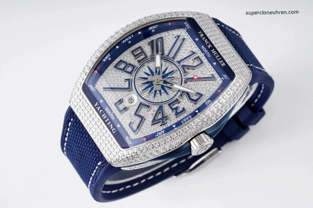1:1 Super Clone Uhr Franck Muller Vanguard Yachting V45 blaues Zifferblatt mit Diamantbesatz 44mm