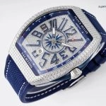 1:1 Super Clone Uhr Franck Muller Vanguard Yachting V45 blaues Zifferblatt mit Diamantbesatz 44mm