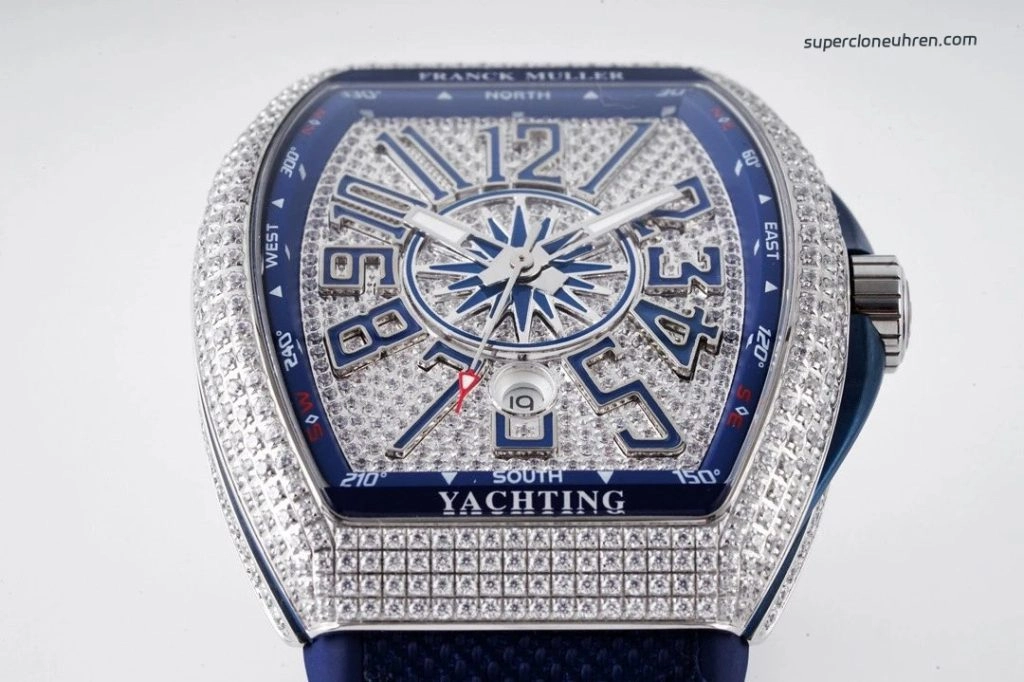 1:1 Super Clone Uhr Franck Muller Vanguard Yachting V45 blaues Zifferblatt mit Diamantbesatz 44mm