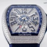 1:1 Super Clone Uhr Franck Muller Vanguard Yachting V45 blaues Zifferblatt mit Diamantbesatz 44mm