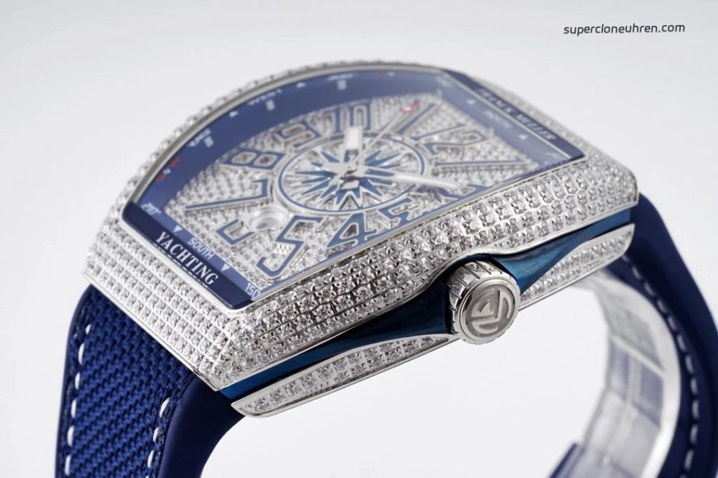 1:1 Super Clone Uhr Franck Muller Vanguard Yachting V45 blaues Zifferblatt mit Diamantbesatz 44mm