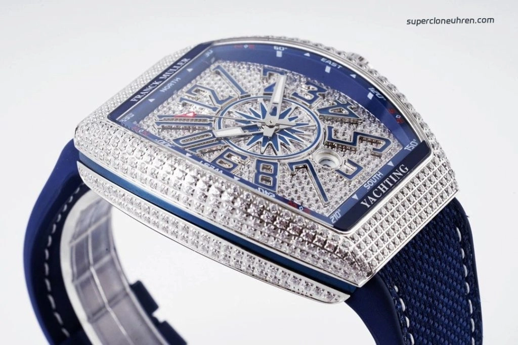1:1 Super Clone Uhr Franck Muller Vanguard Yachting V45 blaues Zifferblatt mit Diamantbesatz 44mm