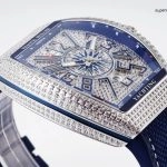 1:1 Super Clone Uhr Franck Muller Vanguard Yachting V45 blaues Zifferblatt mit Diamantbesatz 44mm