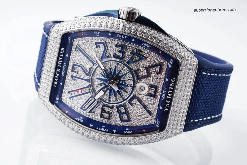 1:1 Super Clone Uhr Franck Muller Vanguard Yachting V45 blaues Zifferblatt mit Diamantbesatz 44mm
