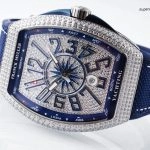 1:1 Super Clone Uhr Franck Muller Vanguard Yachting V45 blaues Zifferblatt mit Diamantbesatz 44mm