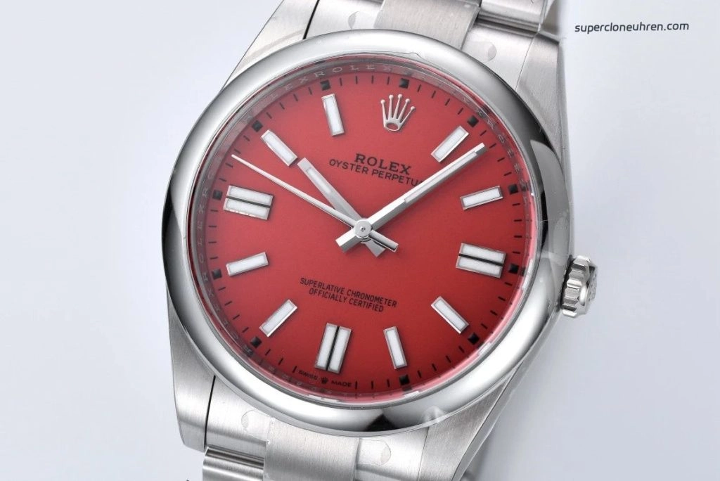 Super Clone Rolex Oyster Perpetual m124300-0007 mit rotem Zifferblatt und Edelstahlband 41mm