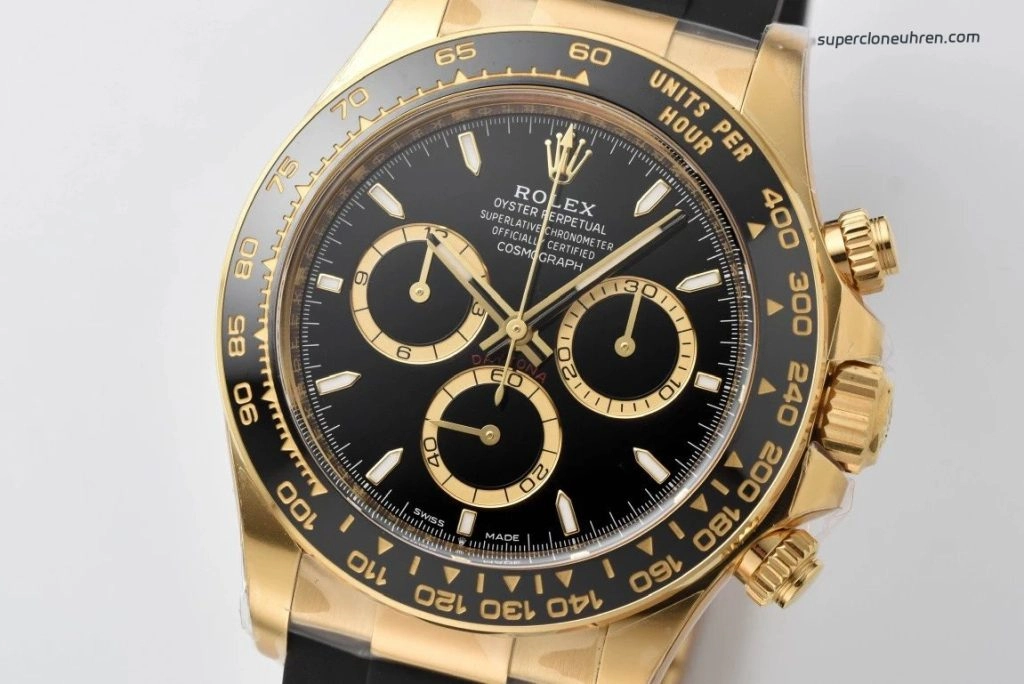 Super Clone Rolex Daytona m126518ln-0008 Goldoptik mit schwarzem Kautschukband 40mm