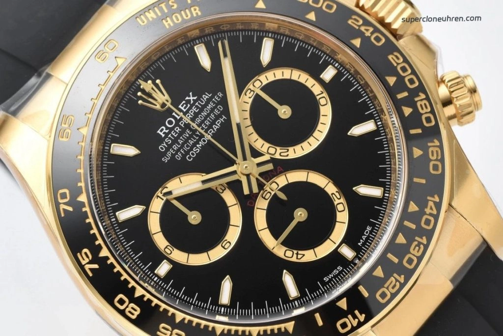Super Clone Rolex Daytona m126518ln-0008 Goldoptik mit schwarzem Kautschukband 40mm