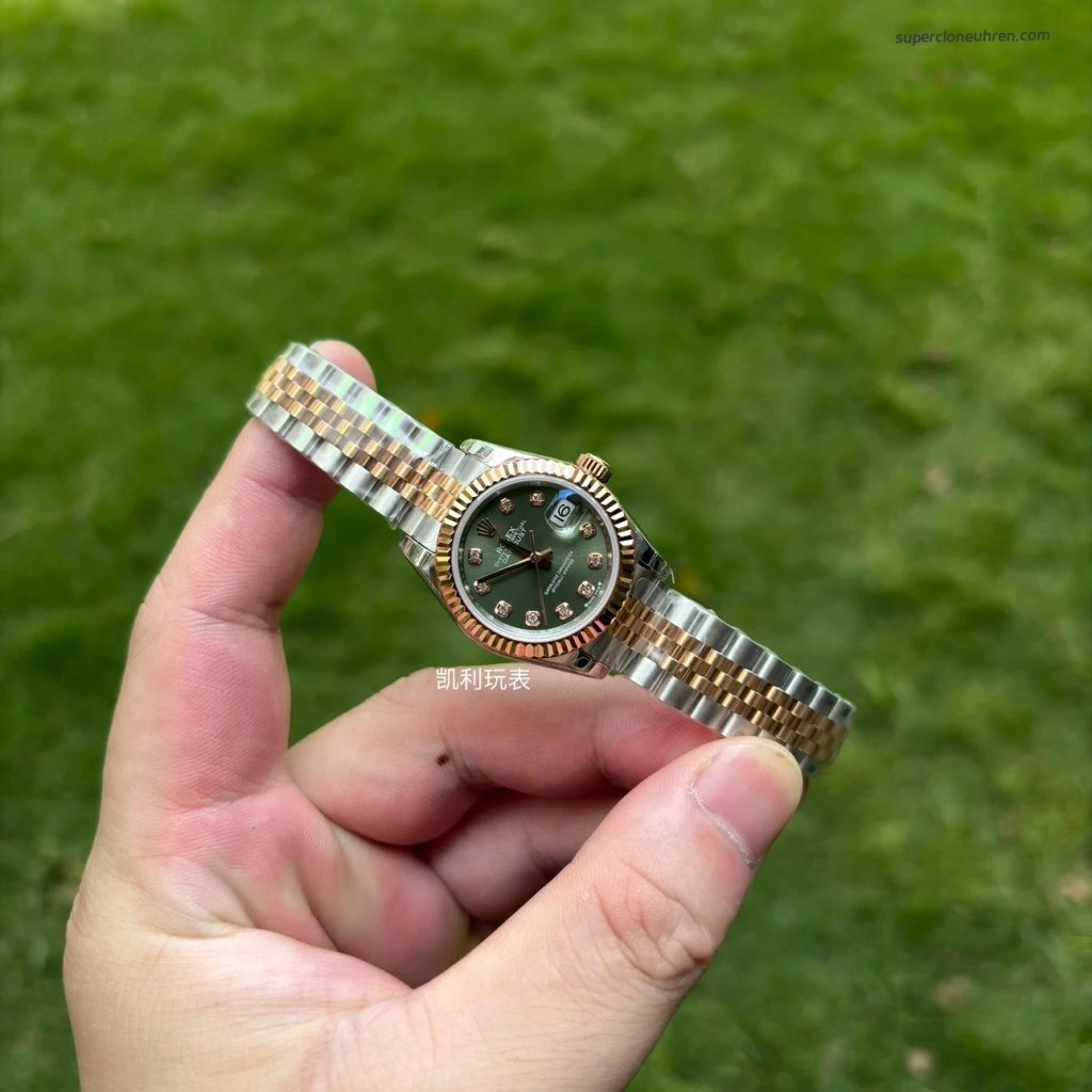 Premium Replica Uhr Rolex Datejust m279171-0007 Roségold-Grün 28mm