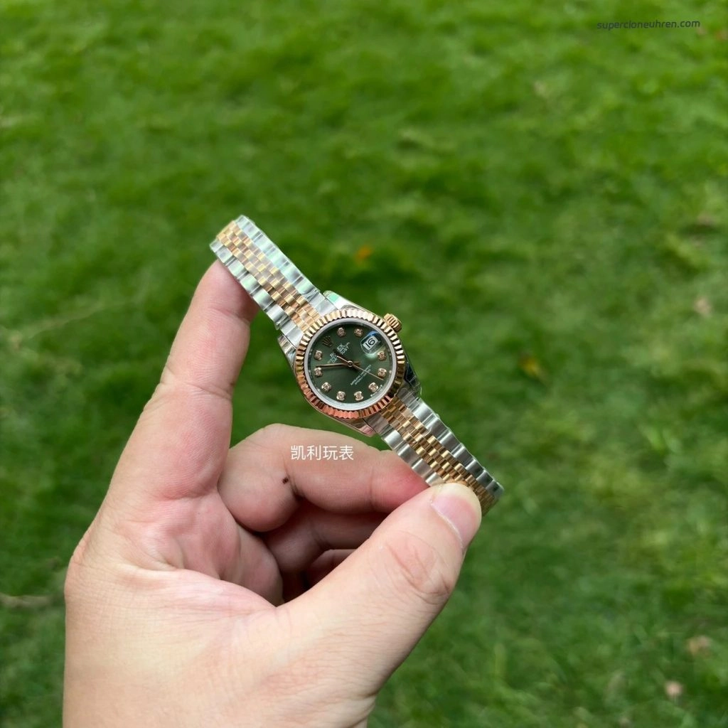 Premium Replica Uhr Rolex Datejust m279171-0007 Roségold-Grün 28mm
