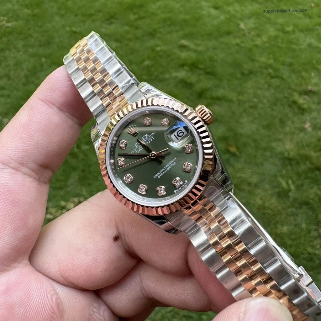 Premium Replica Uhr Rolex Datejust m279171-0007 Roségold-Grün 28mm